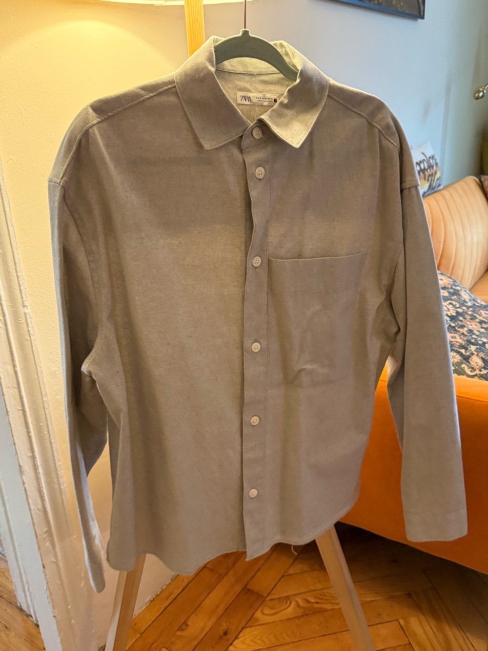 ZARA Men's Button-Down Shirt in Light Gray M size 100% Cotton